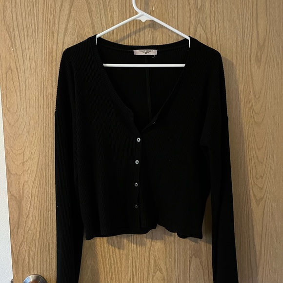 Project Social T Sweaters - Project Social T Cropped Black Rib Knit Button Up Long Sleeve Cardigan Top